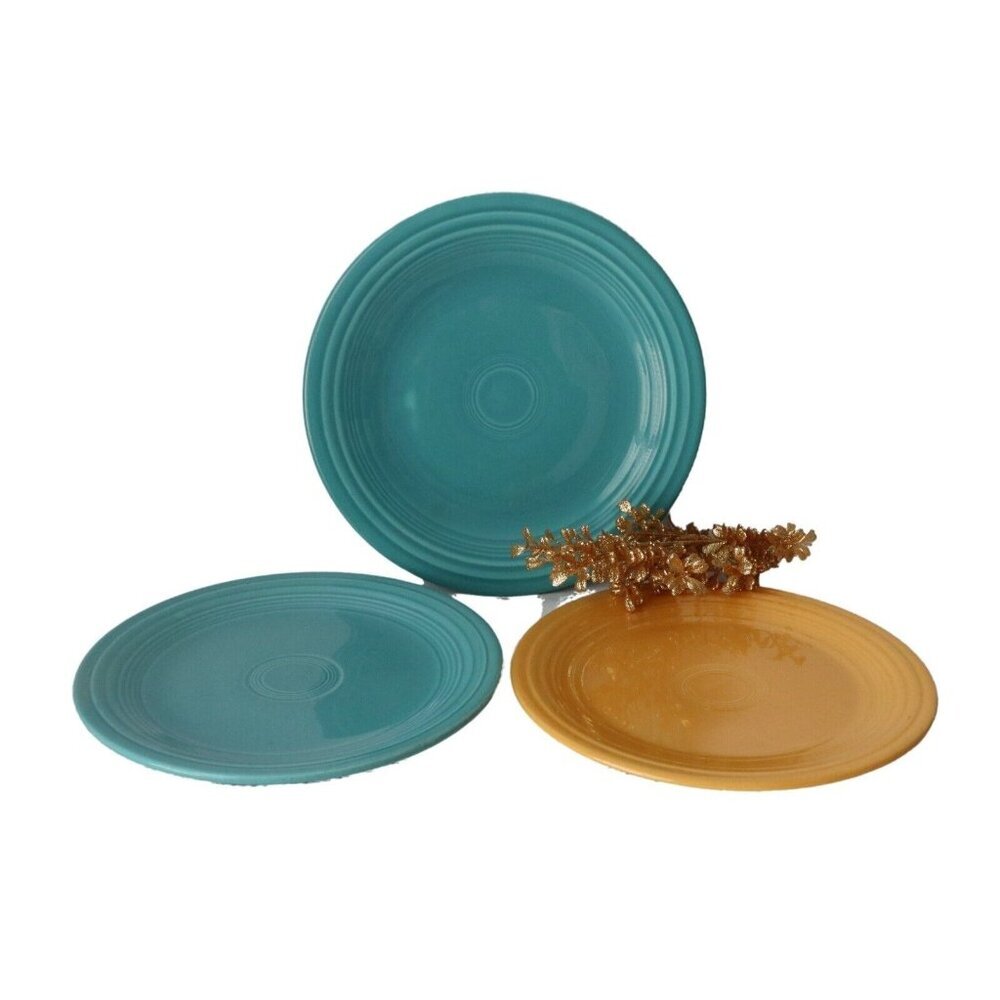 3 Vintage Fiestaware Plates Dinner Plates & 10.5" Plate Turquoise Yellow
